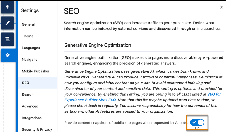 Generative Engine Optimization setting in Experience Builder
