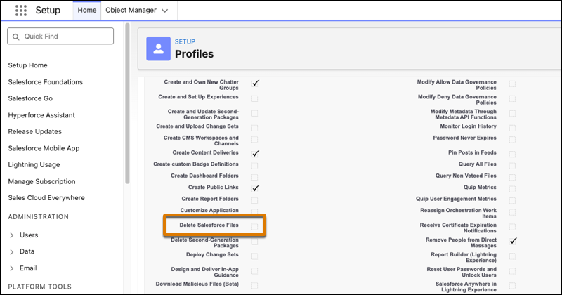 The Profiles page in Setup with the Delete Salesforce Files permission highlighted