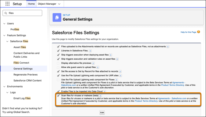 Salesforce Files Settings in Setup, with the new preference for scanning files enabled