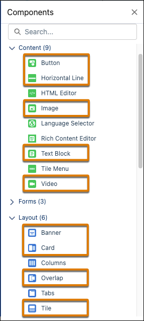 Components panel in Experience Builder showing several added components
