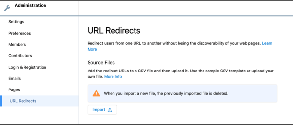 URL Redirects user interface, showing where you can import the CSV file
