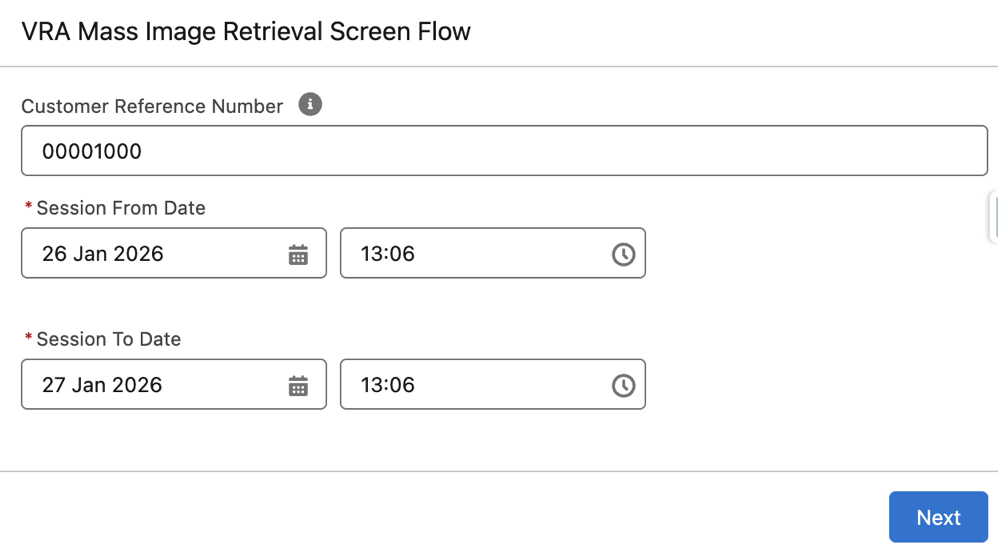VRA Mass Image Retrieval Screen Flow with fields for customer reference number and session date range"