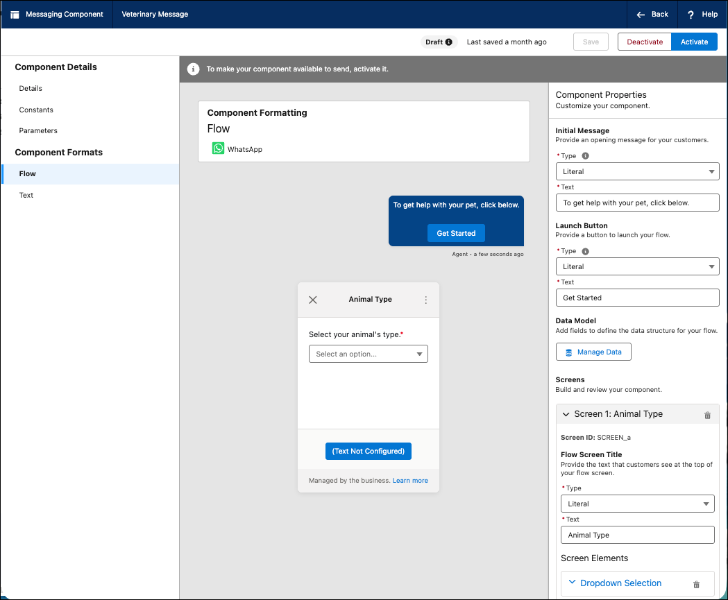 The Messaging Component Builder open to a page where someone is building a Dynamic WhatsApp Flow.