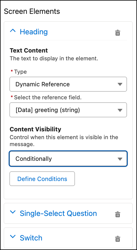 An example of using conditional logic to build a Dynamic WhatsApp Flow in the Messaging Component Builder.