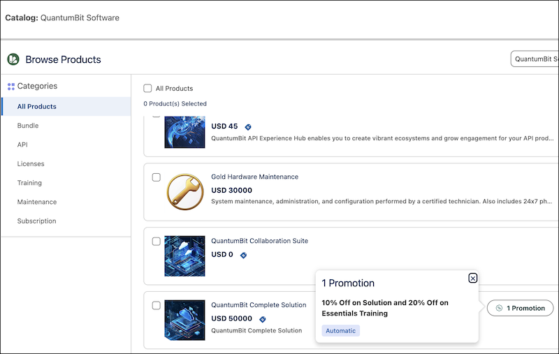 The Browse Catalogs page, showing promotions available for QuantumBit Complete Solution