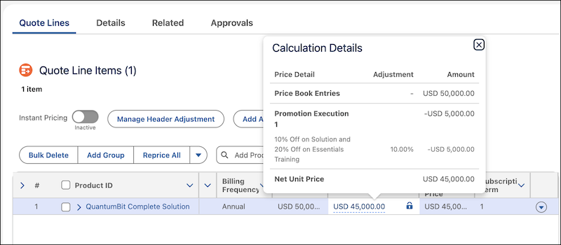 The Price Waterfall window, showing a 10% discount applied to the QuantumBit Complete Solution