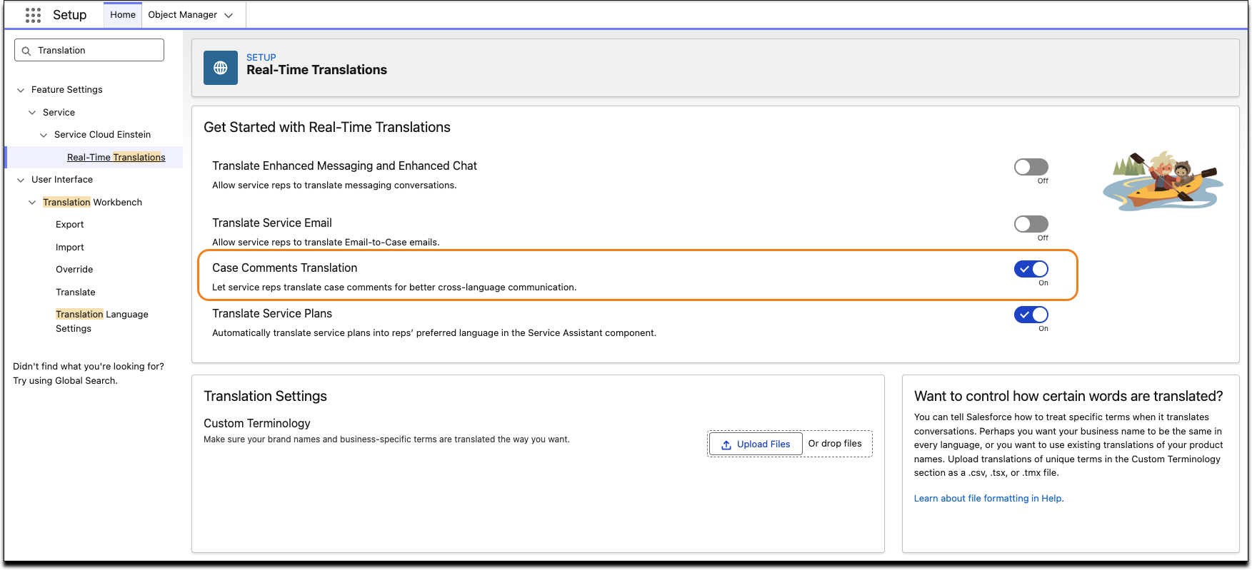 The Case Comments Translation toggle in Real-Time Translations window.