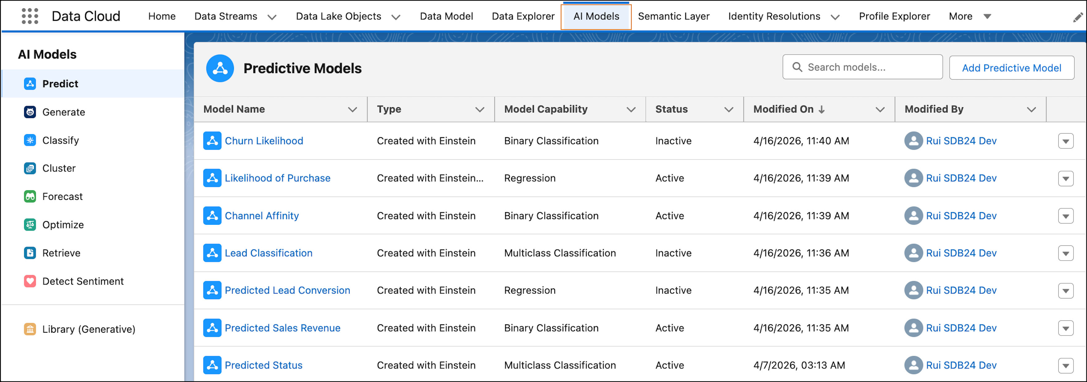 The new AI Models tab in Data 360 shows the different AI capabilities on the left side of the page.