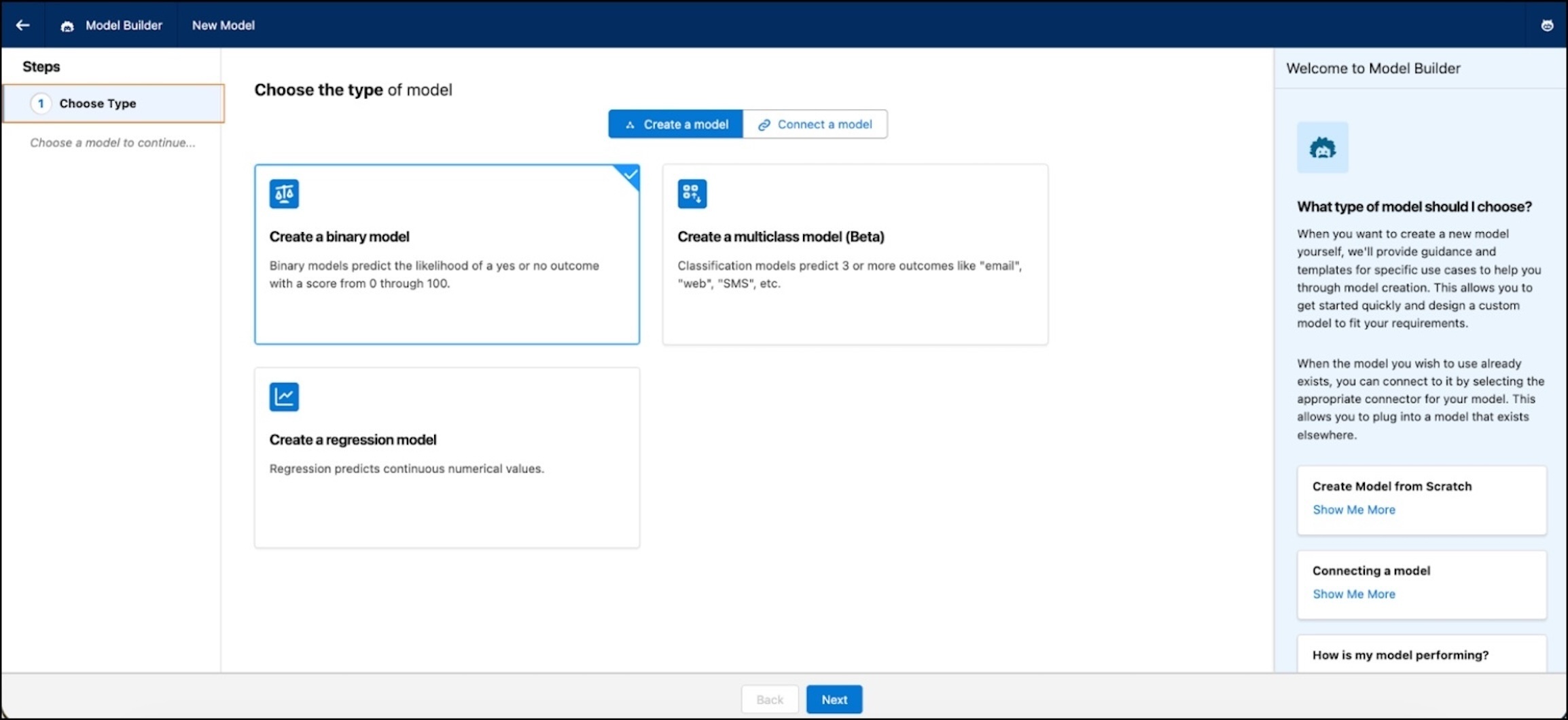 Einstein Studio ehanced flow starts by choosing a model type before selecting data.