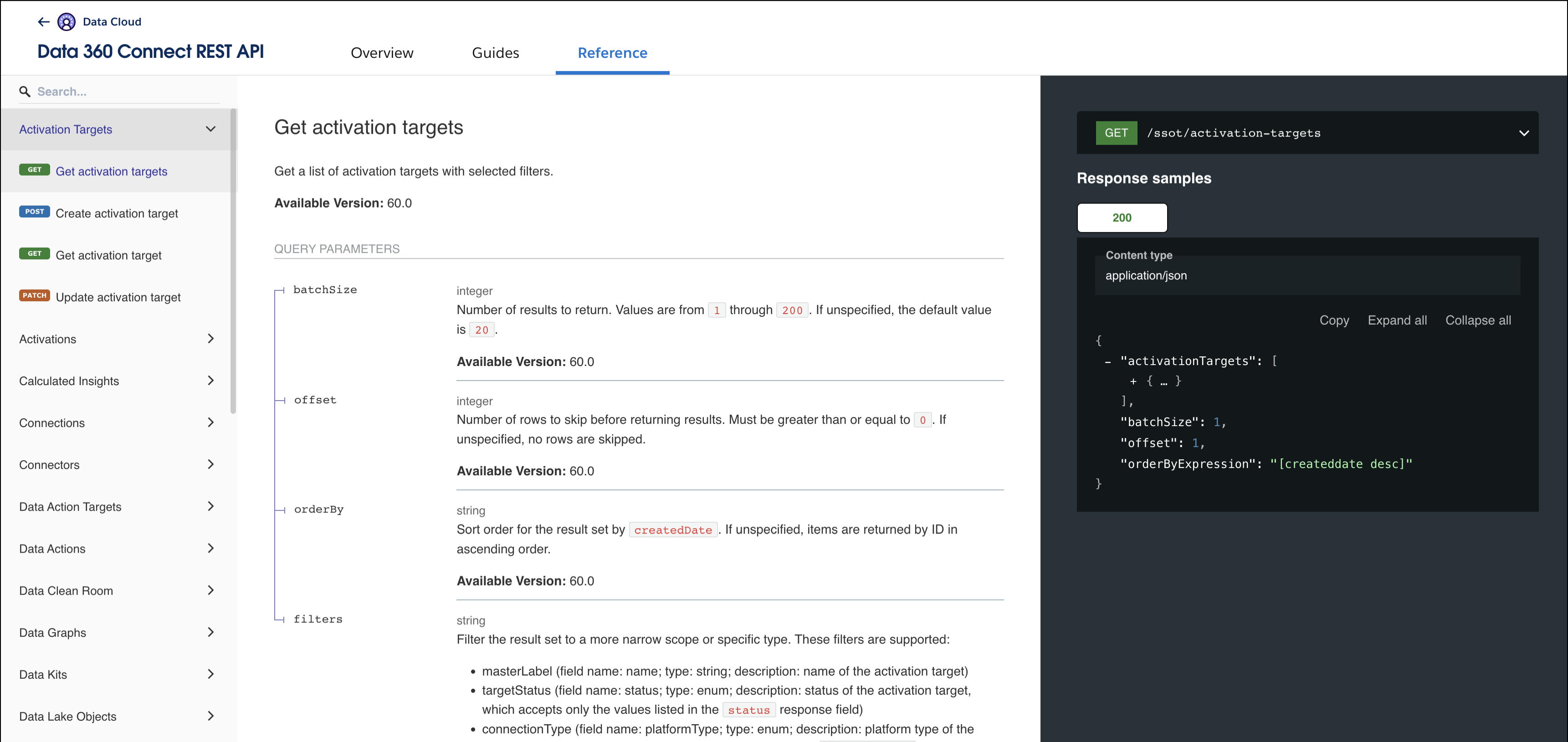 Data 360 Connect API Reference three-panel layout.