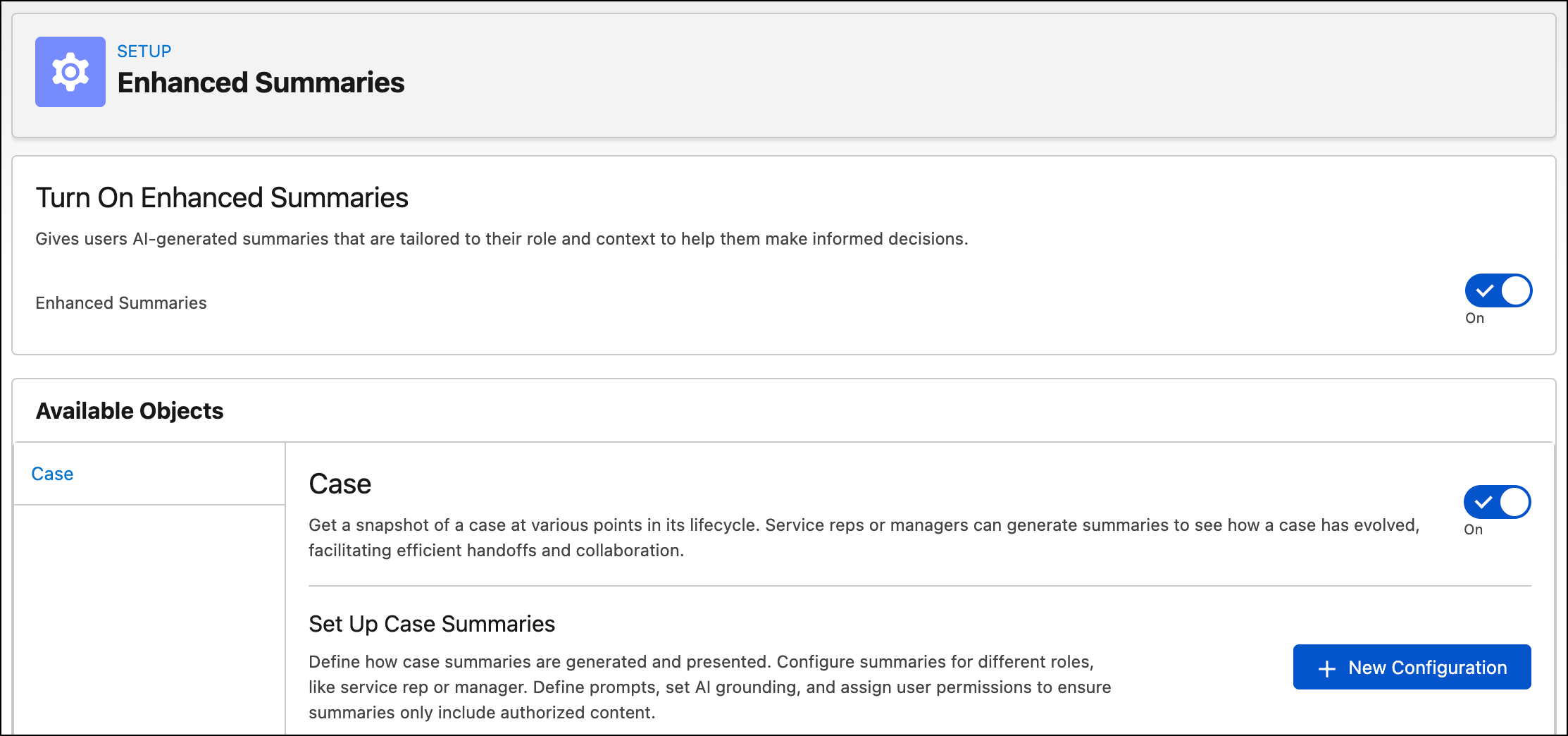 The Enhanced Summaries page, showing the Enhanced Summaries setting turned on.