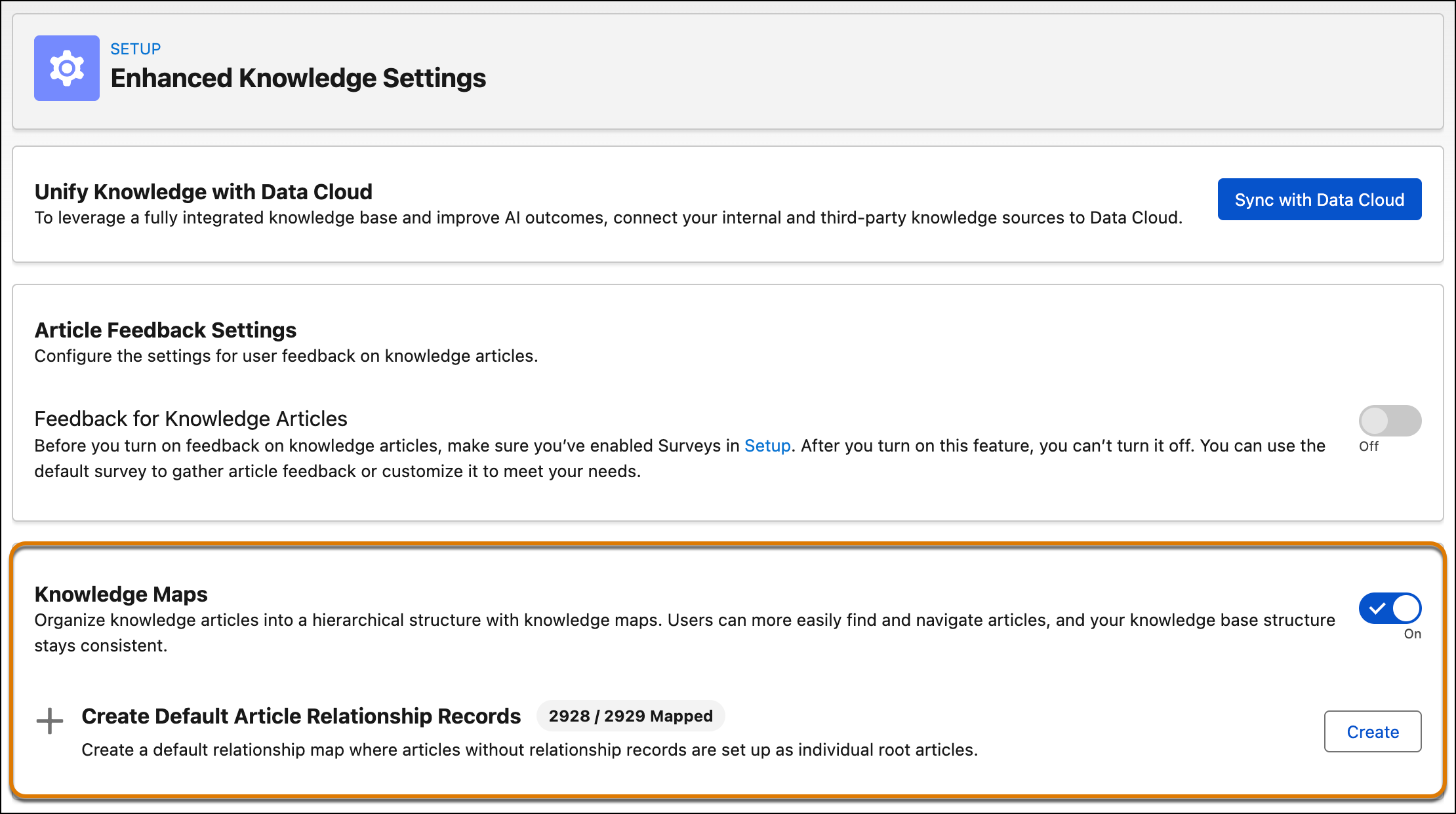The Enhanced Knowledge Settings page, showing the Knowledge Maps setting turned on.