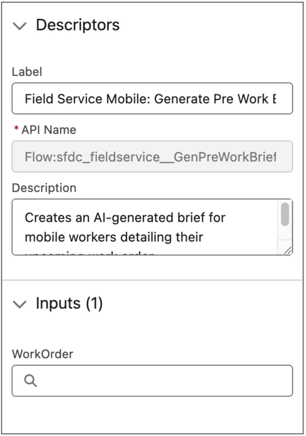 Prompt Builder Template Settings menu showing the Descriptor section for a Retriever.