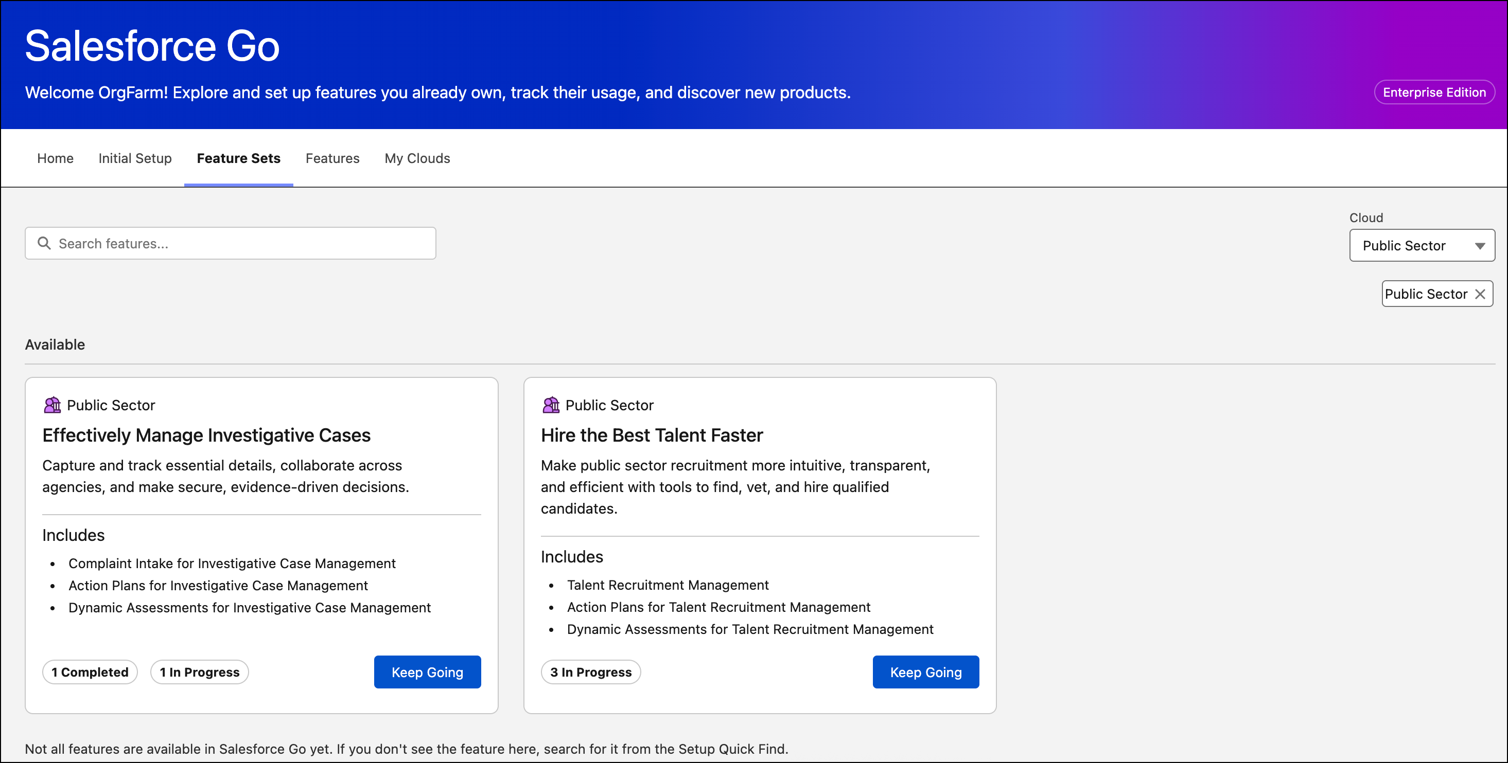 Feature Sets tab in Salesforce Go, showing feature sets in Public Sector.