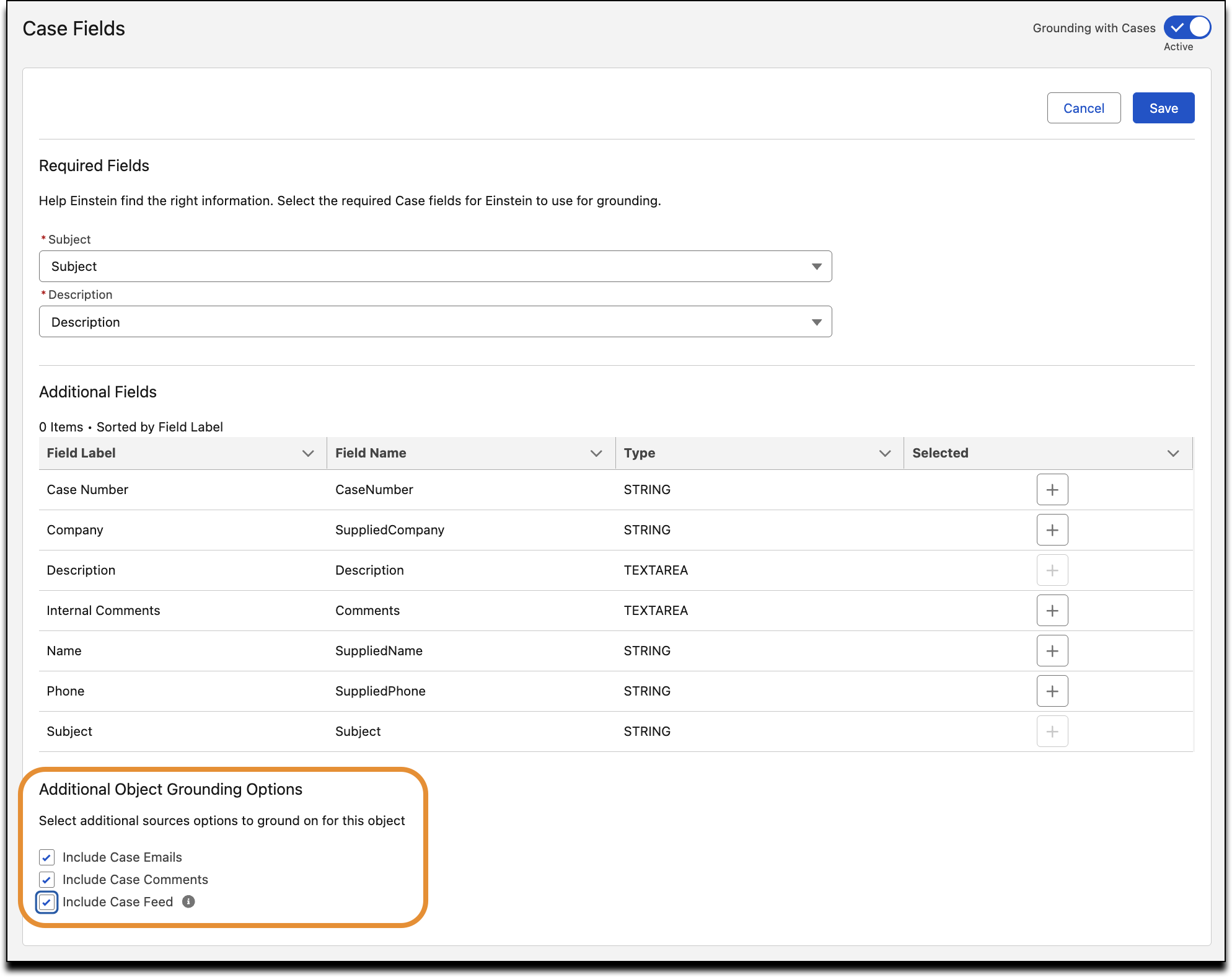 The 'Service AI Grounding Setup' page showing the 'Include Case Feed' checkbox selected under the 'Additional Object Grounding Options' section.