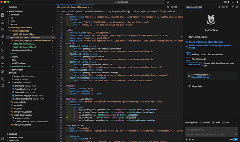 VS Code showing an Agent Script file open in the editor, with the Agentforce Vibes panel on the right.