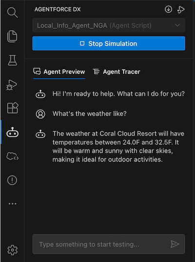 VS Code preview panel showing a simulated conversation with an agent.