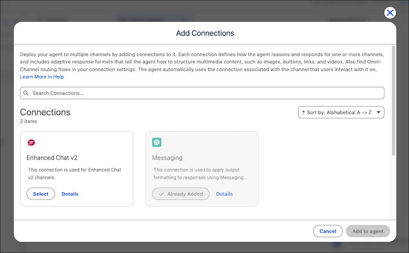 Add Connections window with the Enhanced Chat v2 tile