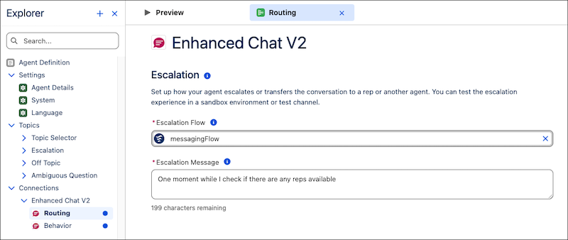 Enhanced Chat v2 Routing page in the new Agentforce Builder