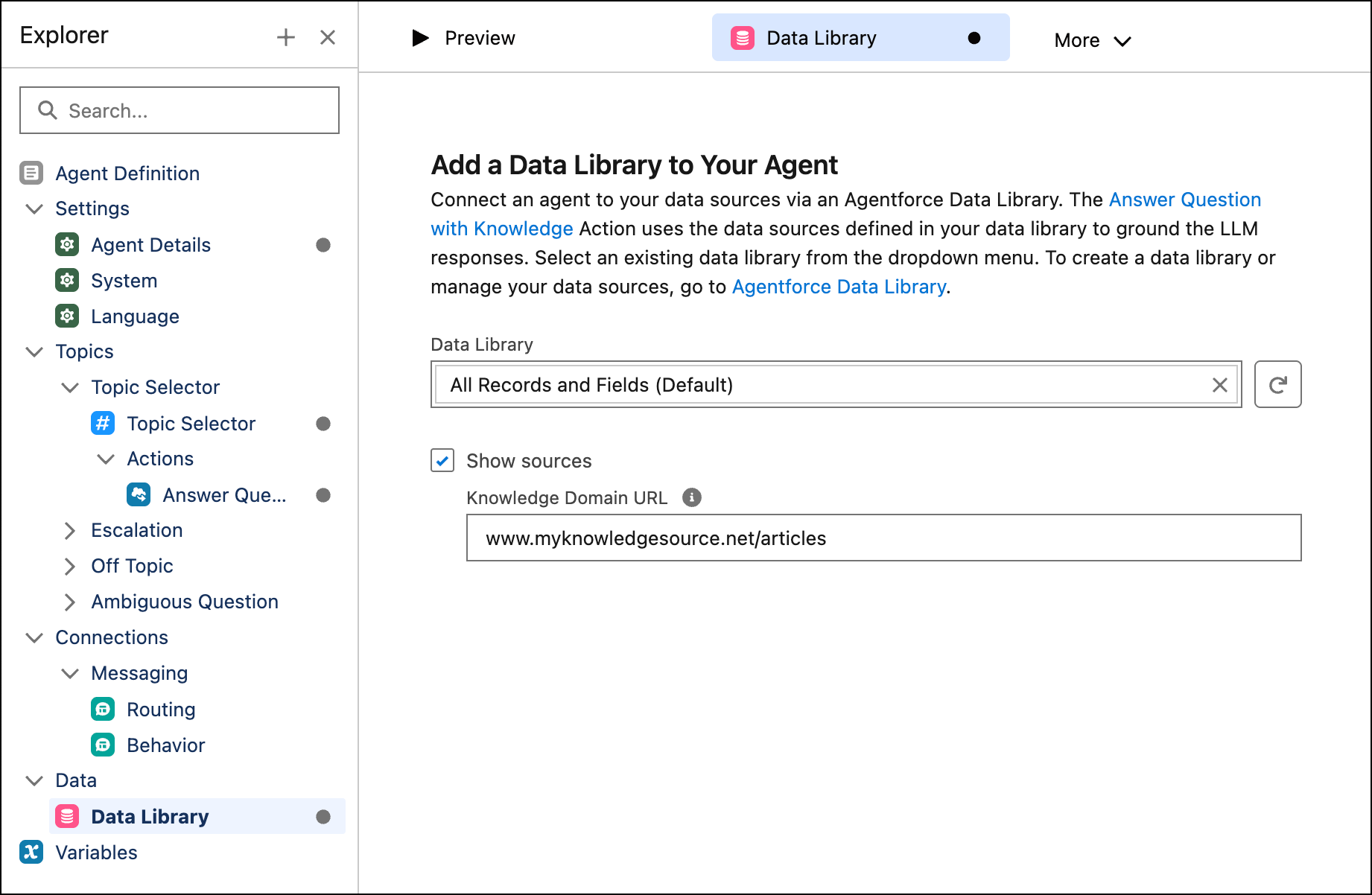 Adding a data library to an agent in the new Agentforce Builder.