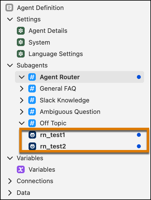 Connected subagents in Agentforce Builder Explorer.
