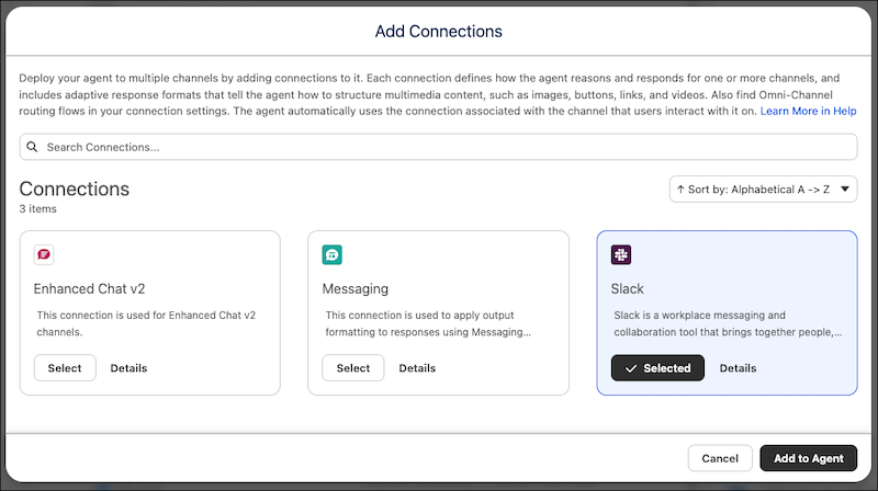 The Slack tile selected on the Add Connections window in Agentforce Builder.