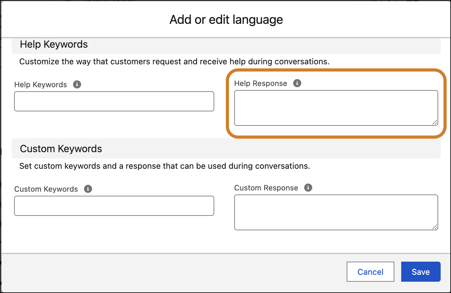 Help Response field on the Add or Edit Language modal.