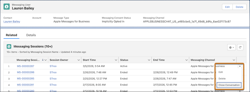 Messaging Session list view on a Messaging User profile with the End Conversation menu item highlighted.