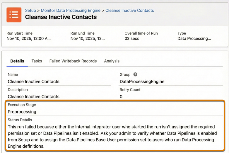 Errors in the run of a Data Processing Engine definition.