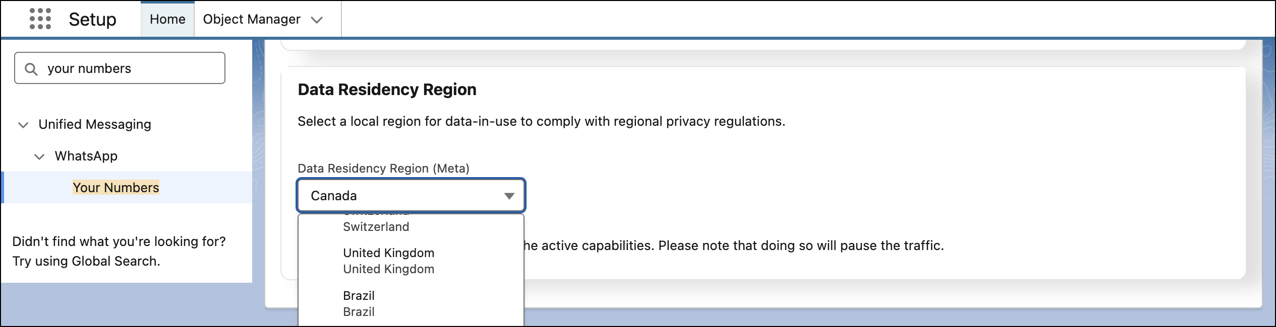 Your Numbers page with the Data Residency Region (Meta) field.
