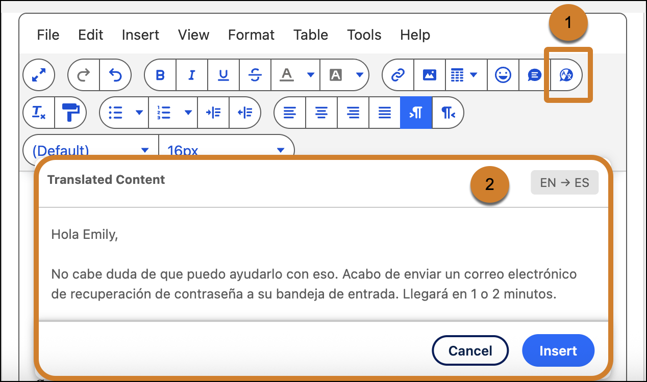 Email composer with translation button and translation modal highlighted.