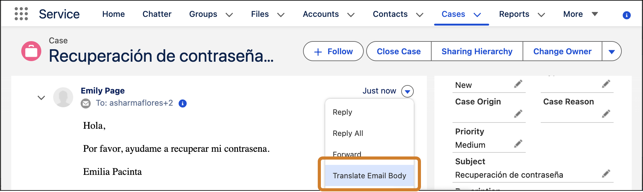 Case feed with Translate email body selected in dropdown.