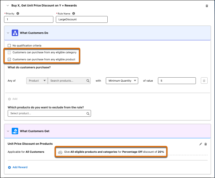 Rule configuration for all eligible product or category discount.