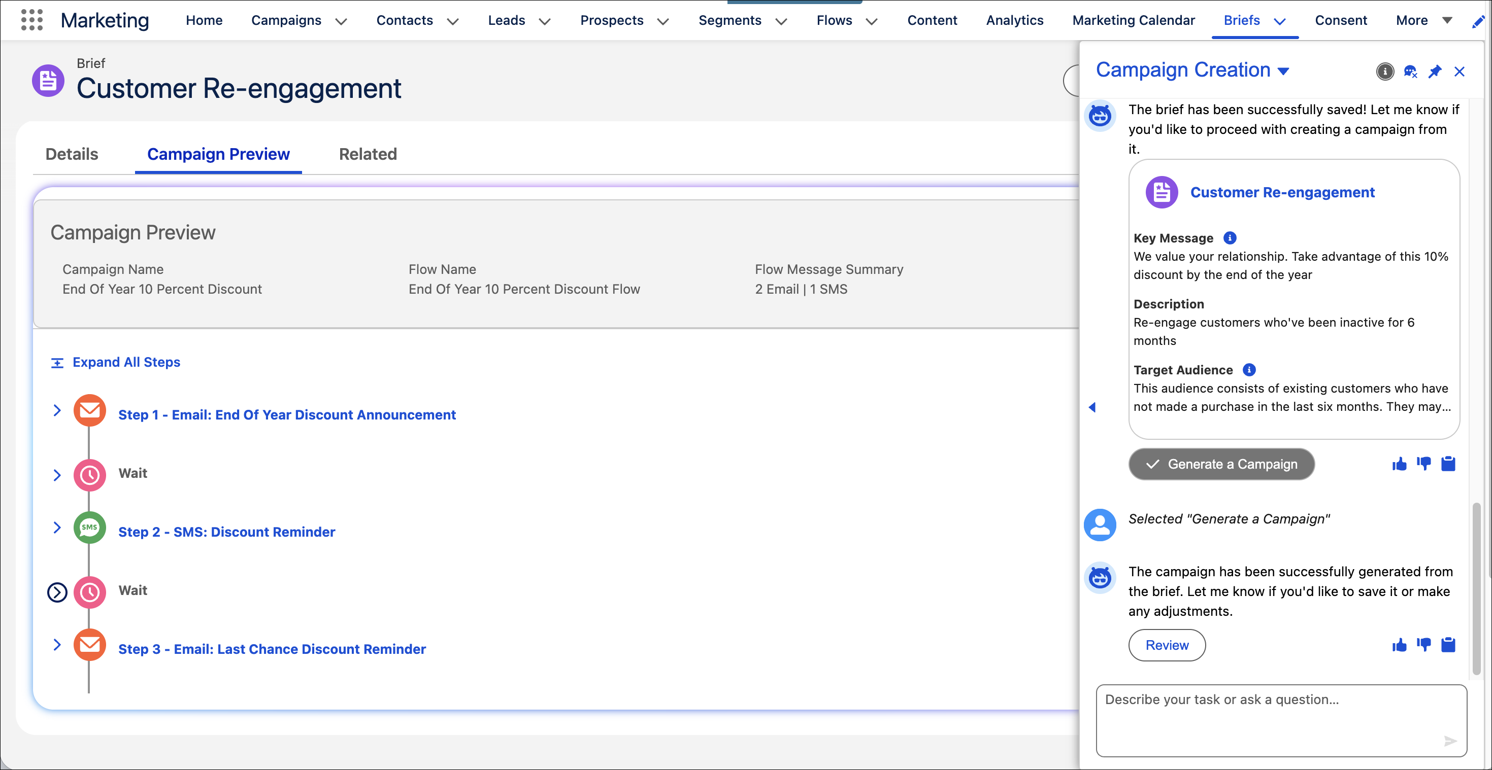 The campaign brief with campaign preview appears next the Agentforce chat panel, including a preview of multi-channel steps in the campaign flow, such as email and SMS messages.