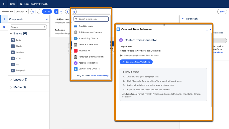 A screenshot of an extension and the extensions menu open in the builder canvas.