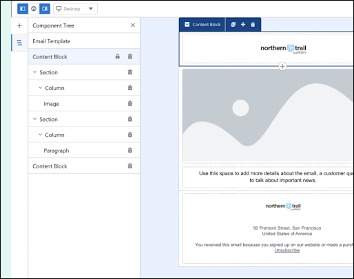 Email template open in the email builder with the component tree open, showing lock icons