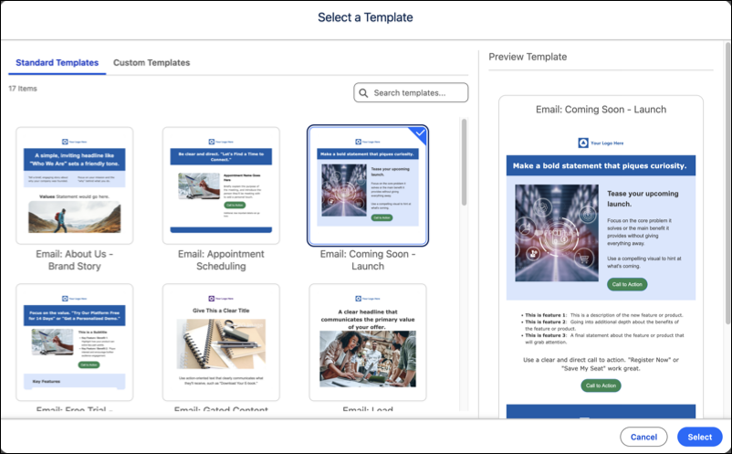 Out of the box email templates such as appointment scheduling, coming soon-launch, brand story, and more