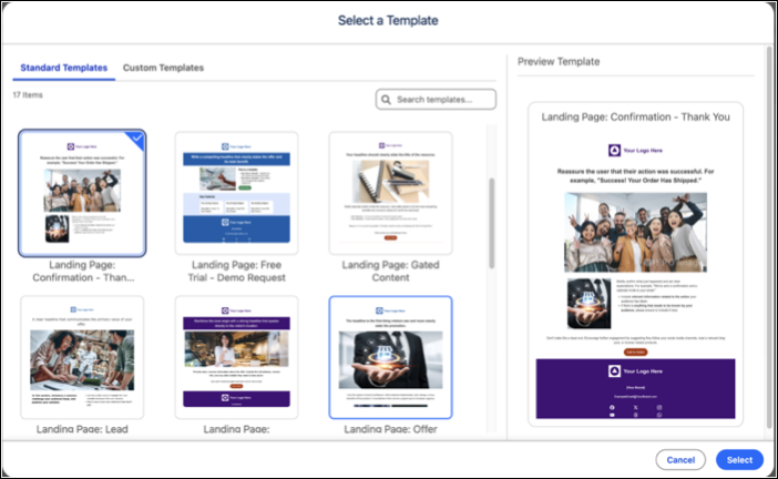 Out of the box landing page templates such as free trial, gated content, offer page, and more