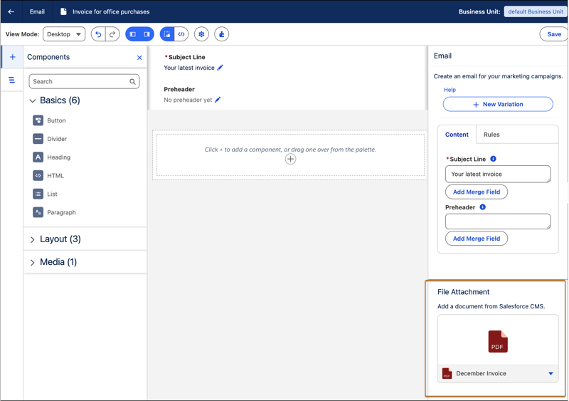 The email builder canvas, with the file attachment section of the email settings panel highlighted