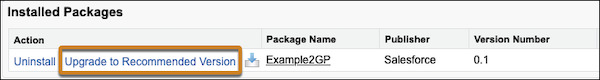 The Upgrade to Recommended Version link on a subscriber's Installed Packages page.