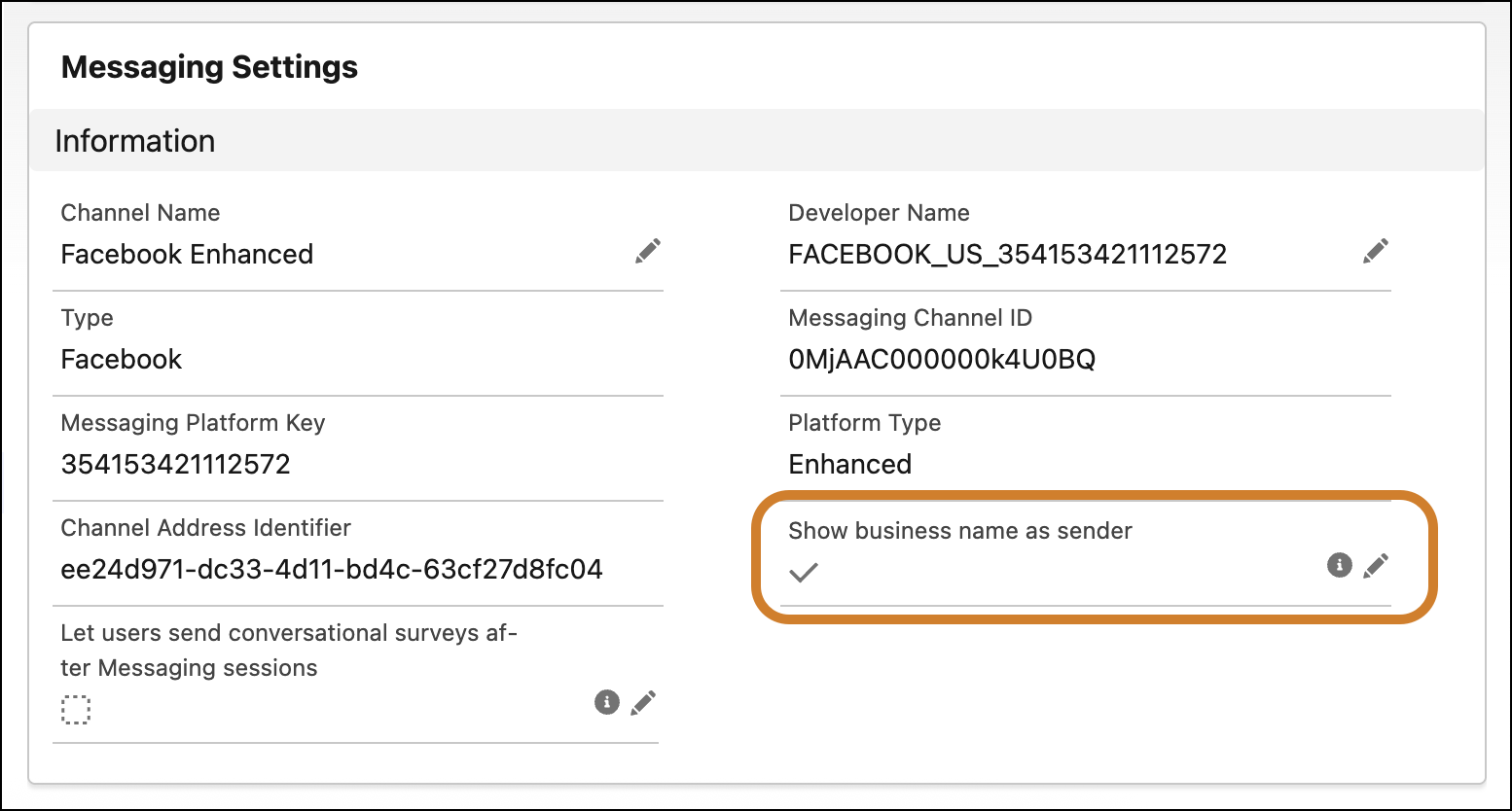 Show business name as sender field on Messaging Settings page.