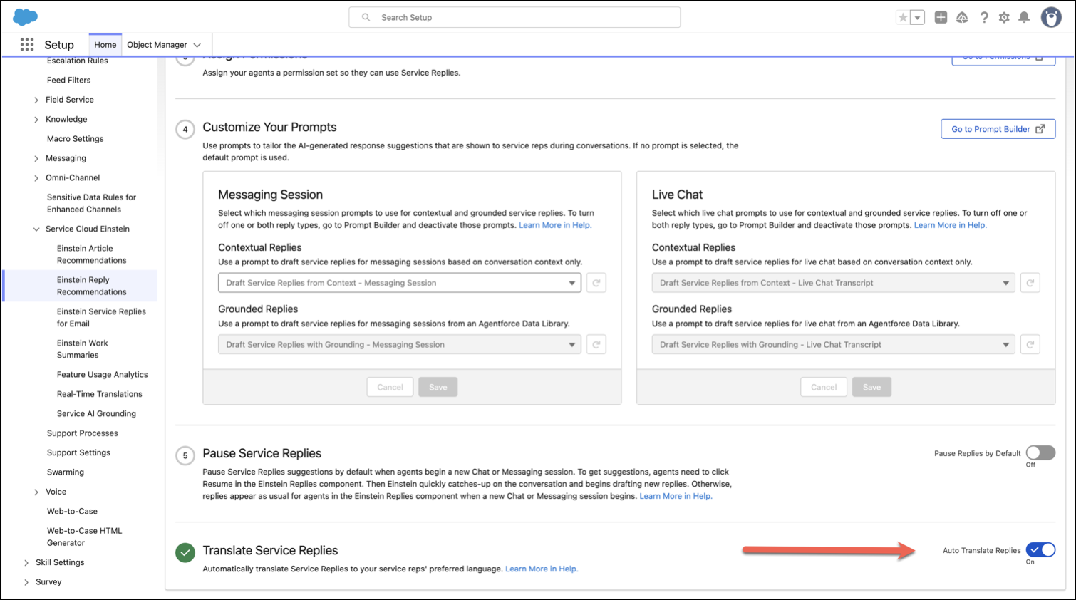 The Setup page for Einstein Reply Recommendations, with an arrow pointing to the Translate Service Replies toggle.