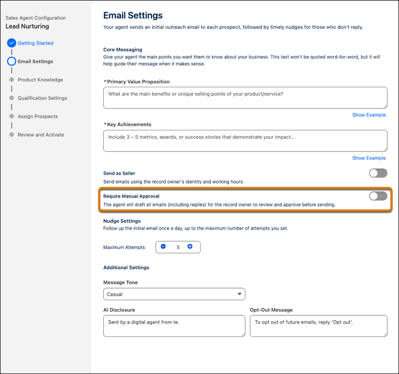 The Require Manual Approval setting in Agentforce Lead Nurturing setup.