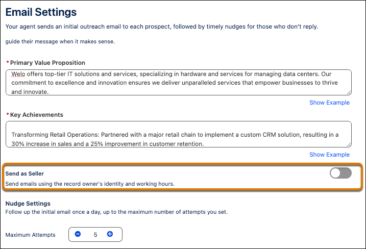 The Send as Seller setting in Lead Nurturing Setup.