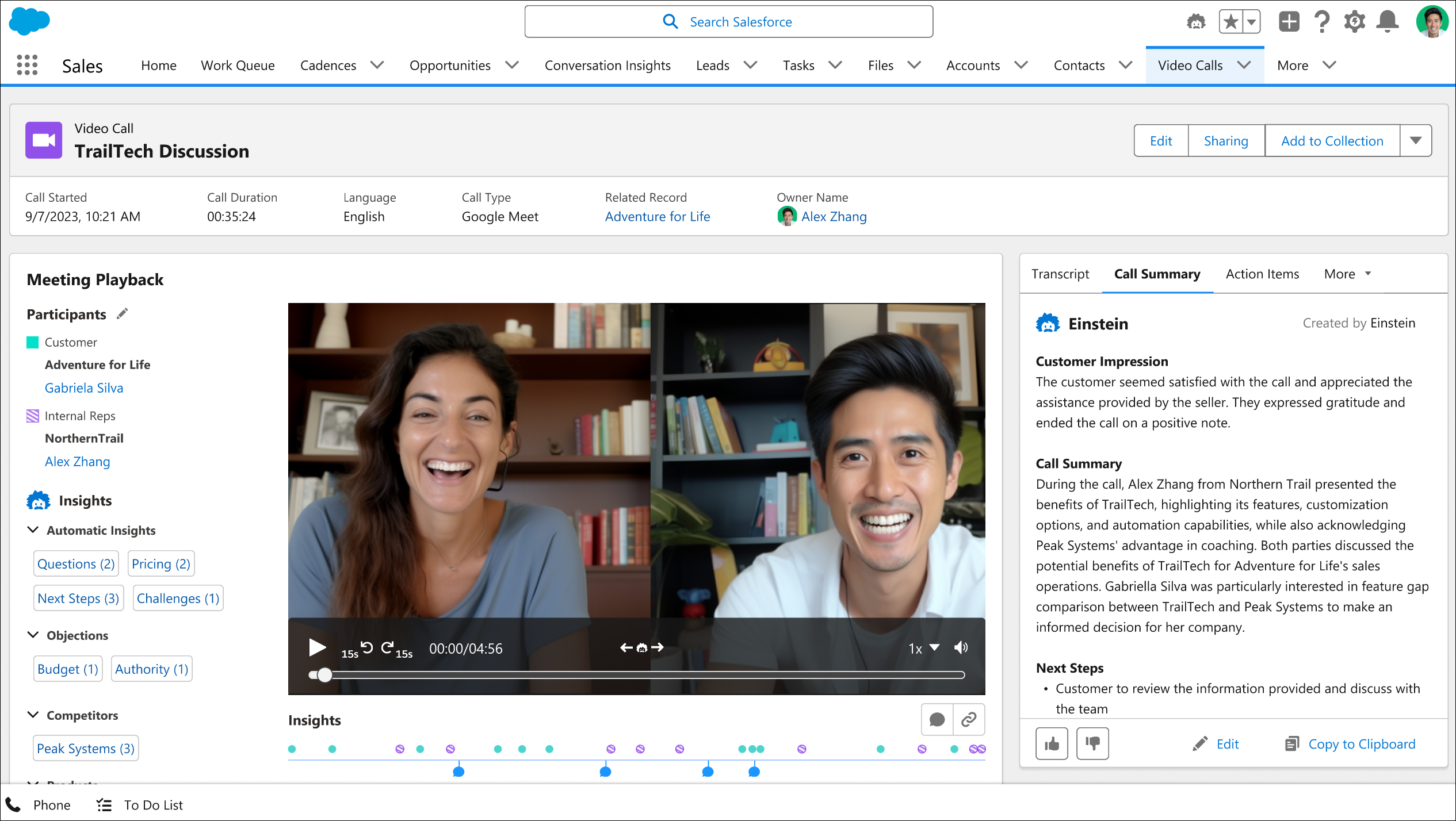 video call record with call summary shown