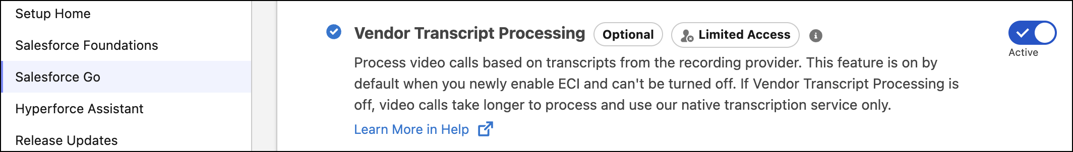 Vendor Transcript Processing setup section in Salesforce Go