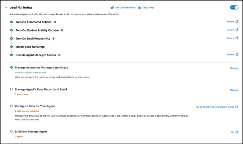 The Agentforce Lead Nurturing guided setup page.