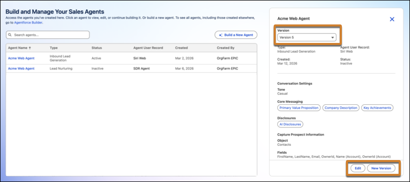 Agent versions in Setup.