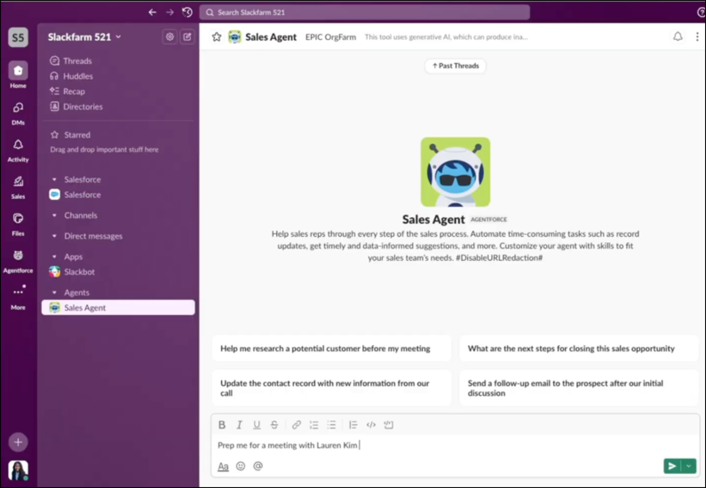 The Sales Management Agent in the Slack interface
