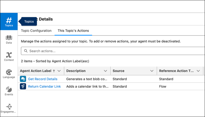The modular Return Calendar Link agent topic in Agent Builder.